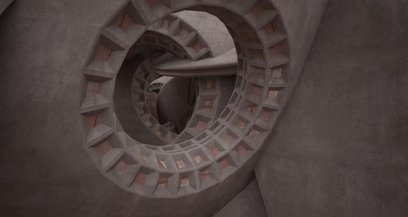 Abstract architectural rusted metal interior with concrete discs . 3D illustration and rendering.