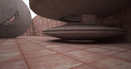 Abstract architectural rusted metal interior with concrete discs . 3D illustration and rendering.