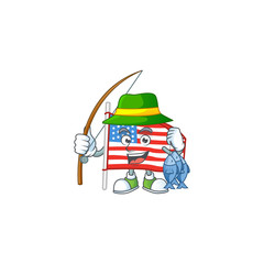 A mascot design of Fishing USA flag with pole with 3 fishes