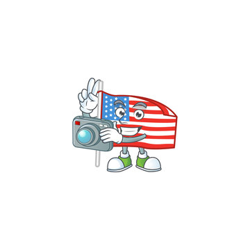 A USA flag with pole Photographer cartoon character in action with a camera