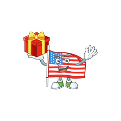 cartoon character of USA flag with pole with a box of gift