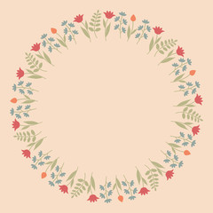 Decorative template with round floral ornament. Circular floral frame with wild flowers and tulips. Vector illustration EPS10