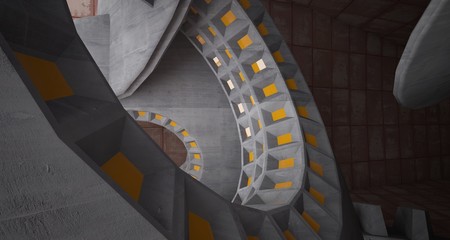 Abstract architectural rusted metal interior with concrete discs . 3D illustration and rendering.