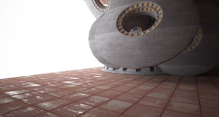 Abstract architectural rusted metal interior with concrete discs . 3D illustration and rendering.
