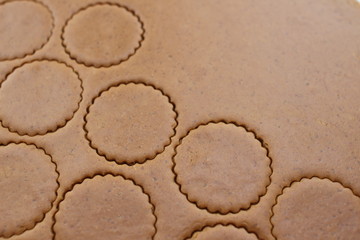 Rolled out brown dough with cut out round cookies, copy space, close up