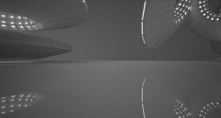 Abstract drawing white interior with discs and neon lighting. 3D illustration and rendering.