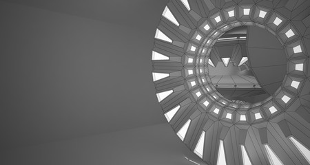 Abstract drawing white interior with discs and neon lighting. 3D illustration and rendering.