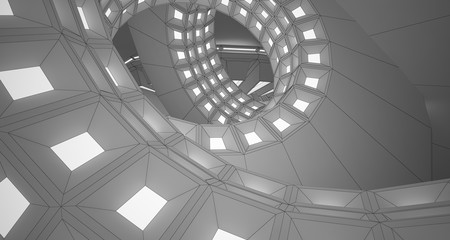 Abstract drawing white interior with discs and neon lighting. 3D illustration and rendering.