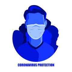 Man in medical face mask. Dangerous chinese coronavirus quarantine. Character mask protection against germs of infection. Medical disease protection concept. Vector flat illustration.