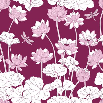 Lotus flowers seamless pattern with Burgundy background.Floral vector monochrome drawing. © OlgaShashok
