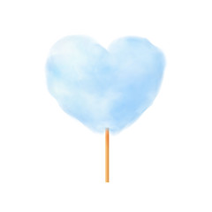 Blue heart shape cotton candy. Realistic blue heart shape cotton candy on wooden stick. Summer tasty snack for children. 3d vector realistic illustration isolated on white background