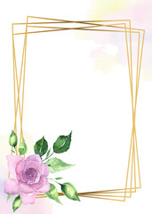 Watercolor floral gold frame with pink and lilac tropical flowers magnolias and leaves