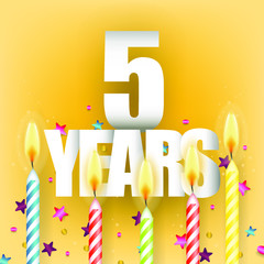 Fototapeta na wymiar Colorful sparkling candles on yellow background. Birthday, anniversary or celebration template.