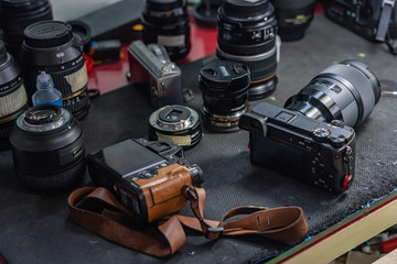 Assortment of sensors on table at cleaning camera service room