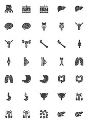 Cancer types vector icons set, modern solid symbol collection, filled style pictogram pack. Signs, logo illustration. Set includes icons as malignant Tumor, oncology cancer cell, melanoma skin