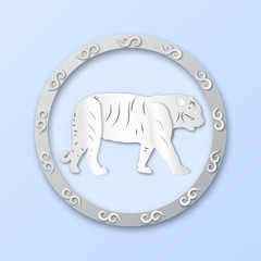 Logo pattern with round frame and white tiger pattern for wild animal concept ,vector or illustration with paper art style