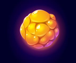 Fantasy space planet for ui galaxy game. Vector cartoon icon of magic dumpling alien world, fantastic cosmic object with orange bubbles. Illustration of unusual astronomy © klyaksun