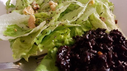 salada verde e arroz preto