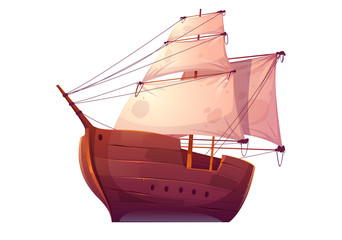 Vector wooden boat with white sails. Pirate or merchant ship with blank canvas. Cartoon old wooden frigate, vintage galleon isolated on white background - obrazy, fototapety, plakaty