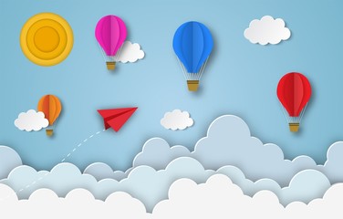 Fototapeta na wymiar colorful hot air balloons and red paper airplane flying in the air with blue cloudy sky background. Paper cut poster template with air balloons. flyers, banners, posters and templates design.