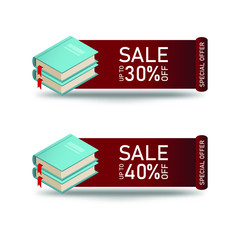 Discount in the book store. Two books and a discount. Vector banner for an online book store. Banner with a discount.