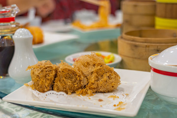 Closeup photo of Hong Kong styled deep-fried taro puff dumpling