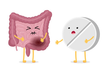 Sad suffering sick intestine pain and medicine drug tablet cartoon character. Abdominal cavity digestive and excretion human internal unhealthy organ treatment. Inflammation indigestion vector concept