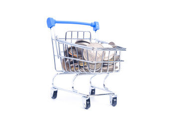 Trolley cart miniature full of money for great saving shopping and high cash back concept 