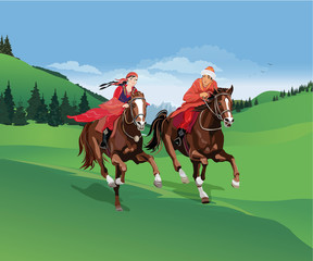A beautiful girl and a young guy are riding on horses among the mountains and green valleys in spring. Nauryz holiday. Eastern traditions. Vector illustration.