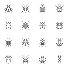 Fototapeta na wymiar Bugs insects line icons set. linear style symbols collection, outline signs pack. Pests bug vector graphics. Set includes icons as caterpillar, beetle, parasite, cricket, flea, ant, gnat