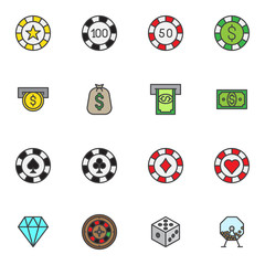Casino money filled outline icons set, line vector symbol collection, Gambling chips linear colorful pictogram pack. Signs logo illustration, Set includes icons money bag, coin insert, dice, diamond