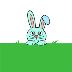 Blue rabbit emerges from the burrow on green grass field, Easter bunny with red ears isolated on white background