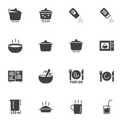 Cooking and preparation vector icons set, modern solid symbol collection, filled style pictogram pack. Signs, logo illustration. Set includes icons as saucepan, boiling pan, microwave oven, cookbook