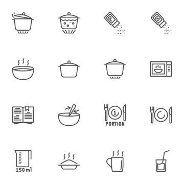 Cooking and preparation line icons set. linear style symbols collection, cooking instructions outline signs pack. vector graphics. Set includes icons as saucepan, boiling pan, microwave oven, cookbook