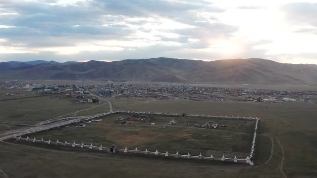 drone Mongolia city karakoram and sunset