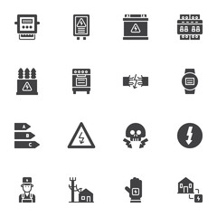 Electricity supplies vector icons set, modern solid symbol collection, filled style pictogram pack. Signs, logo illustration. Set includes icons as electric transformer, high voltage sign, electrician