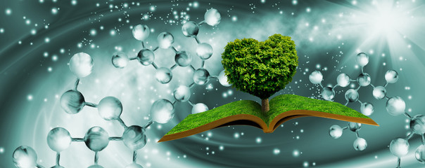 A stylized image of a tree in the shape of a heart on books on a background of a fantastic landscape with dna.