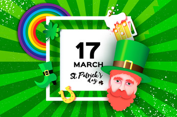 Happy St. Patricks day Greeting card in paper cut style. Leprechaun. Shamrock leaf clovers, Irish elf hat. Spring party. Religious holiday. Rainbow. Irish beer. Square frame for text.