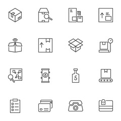 Logistics delivery line icons set. linear style symbols collection, Delivery service outline signs pack. vector graphics. Set includes icons as cardboard box, parcel conveyor belt, purchase trucking