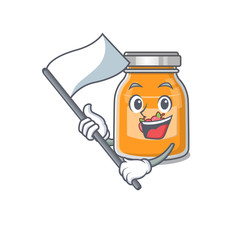 Funny apple jam cartoon character style holding a standing flag