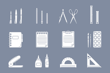 Stationery Icons set - Vector silhouettes of pencil, pen, ruler, scissors, eraser, marker, paintbrush, glue for the site or interface