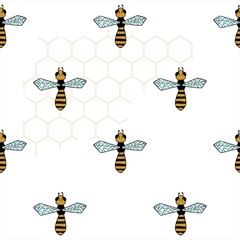 Vector Seamless Pattern With Bees And Honeycombs, Hand drawn. For Pattern, Wallpaper, Print On Fabric, Textile, Wrapping Paper, Ornament. Symbol of Jewish holiday Rosh Hashanah.