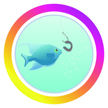 Round icon for social media stories. Perfect for bloggers. Fishing. The fish looks at the hook with the worm. Fishing under water. Fish hunts worm. Cartoon colorful hand drawn vector illustration