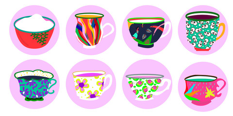 Decorative Cup design for cafes, tea, juice, posters, banners, postcards. Isolated on a blue background. Various drawings and patterns. Hand drawing