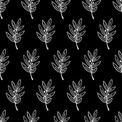 Floral abstract seamless pattern with hand drawn leaves and berries. Line art sketch style. Vector background on black.