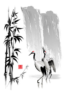 Cranes, bamboo stems on the background of a waterfall. Vector illustration in traditional oriental style. Hieroglyphs - Beauty in nature.