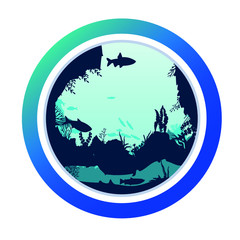 Round icon for social media stories. Perfect for bloggers. underwater scene. Silhouette of fish and algae on the background of reefs. Flora and fauna of the ocean. Vector. Bright design