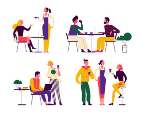 Young stylish people in coffeehouse drinking coffee at bar stand and tables, taking coffee to go, talking, communicating, working. Flat vector illustration concept in trendy colours for banner, ui.