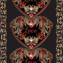 Seamless pattern with mbroidered love heart-shaped patch with a floral pattern in vintage style with rhinestones and sparkles. Vector illustration isolated on black background.