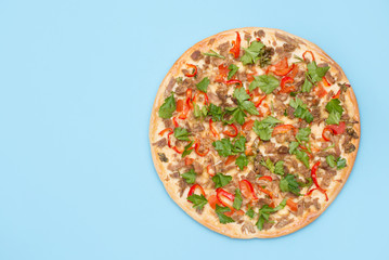 Delicious pizza with chicken, pepper, tomatoes, parsley and parmesan on blue background with a copy space